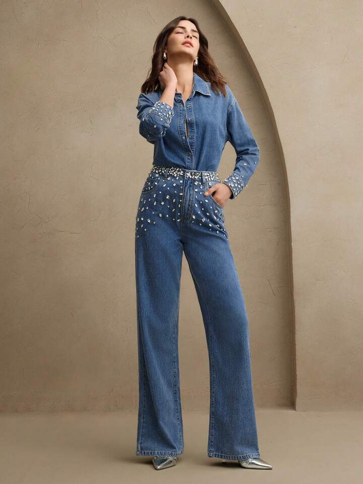 Midnight Dazzle Band - Rhinestone Embellished Wide Leg Jeans - Image 6