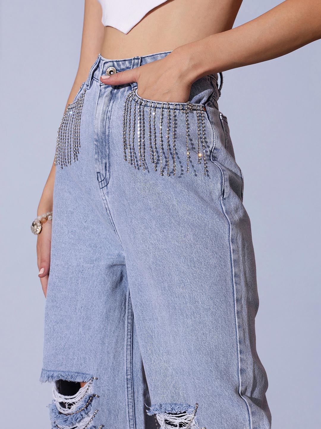 Sparkle Drip - Distressed Rhinestone Embellished Wide Leg Jeans - Ice Blue - Image 5