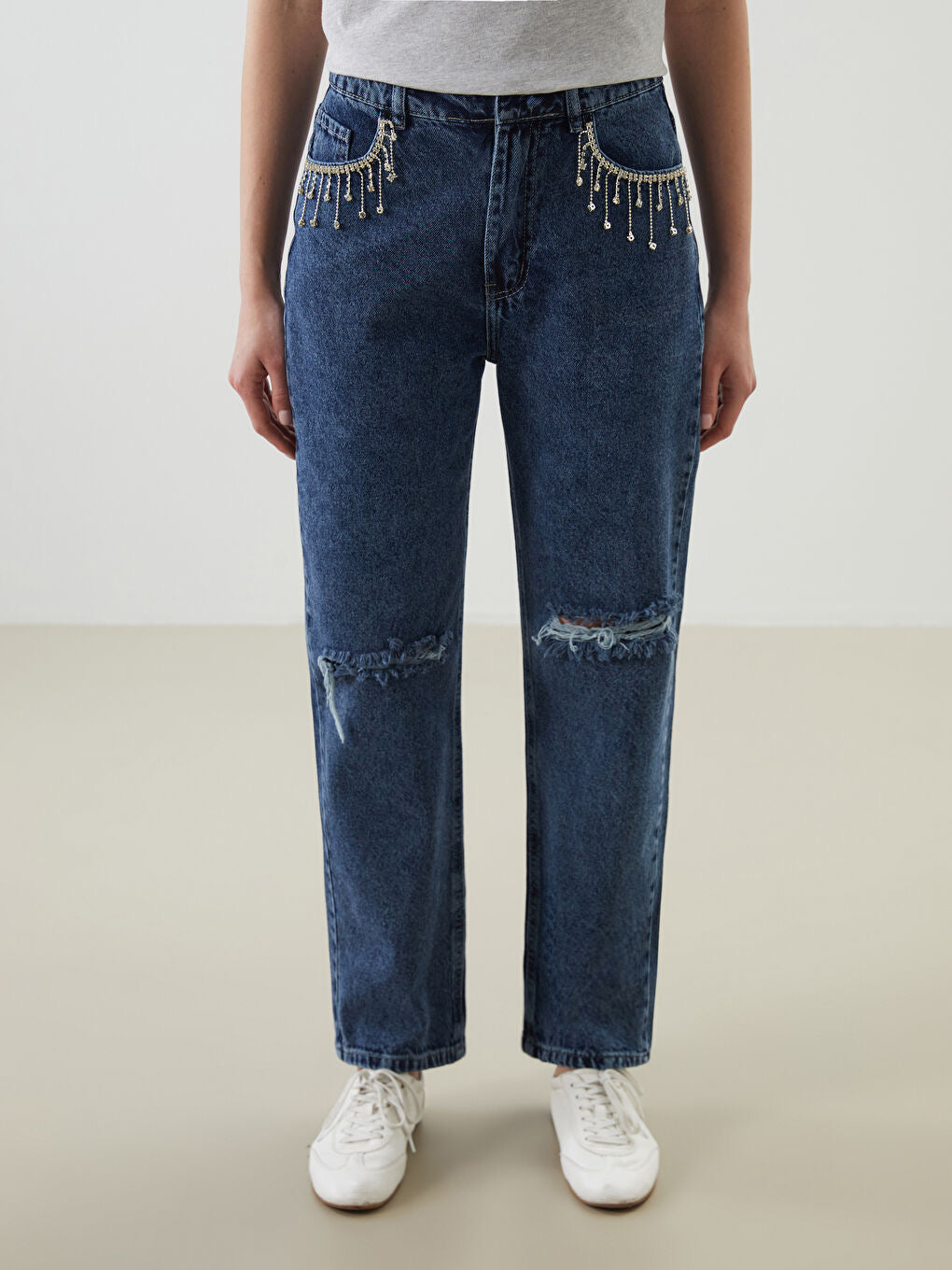 Crystal Drip - Rhinestone Embellished Wide Leg Jeans - Ice Blue - Image 6