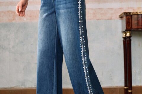 Pearl Affair - Pearl Embellished Wide Leg Jeans - Stone blue