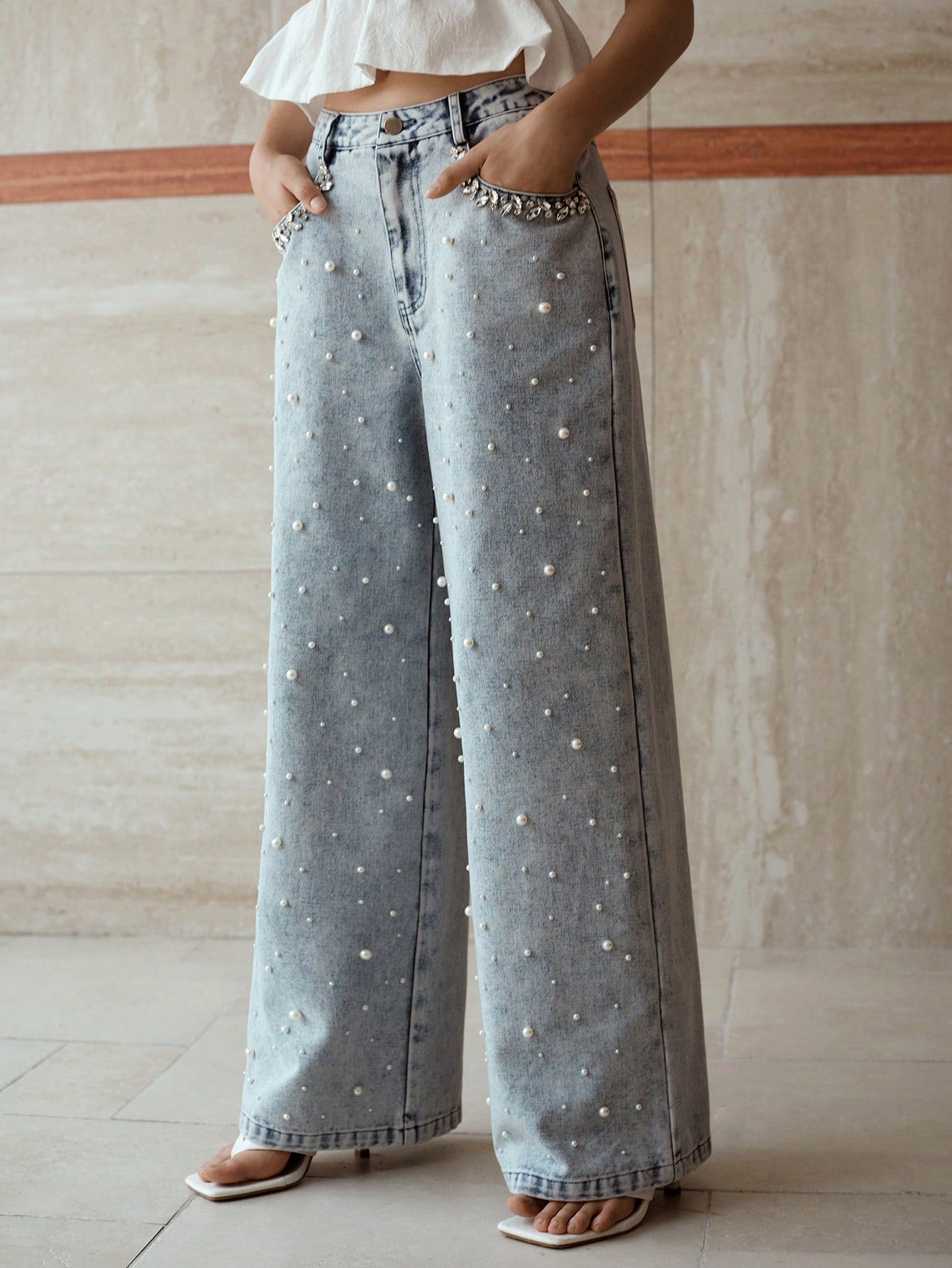Garden of Light - Pearl Embellished Wide Leg Jeans - Ice Blue - Image 4