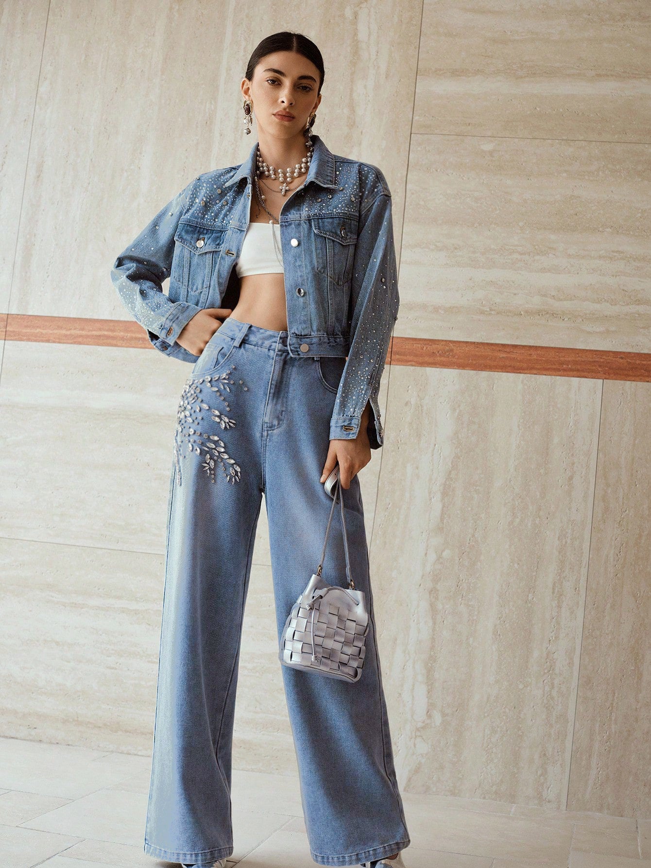 Crystal Vine - Rhinestone Embellished Wide Leg Jeans - Ice Blue - Image 3