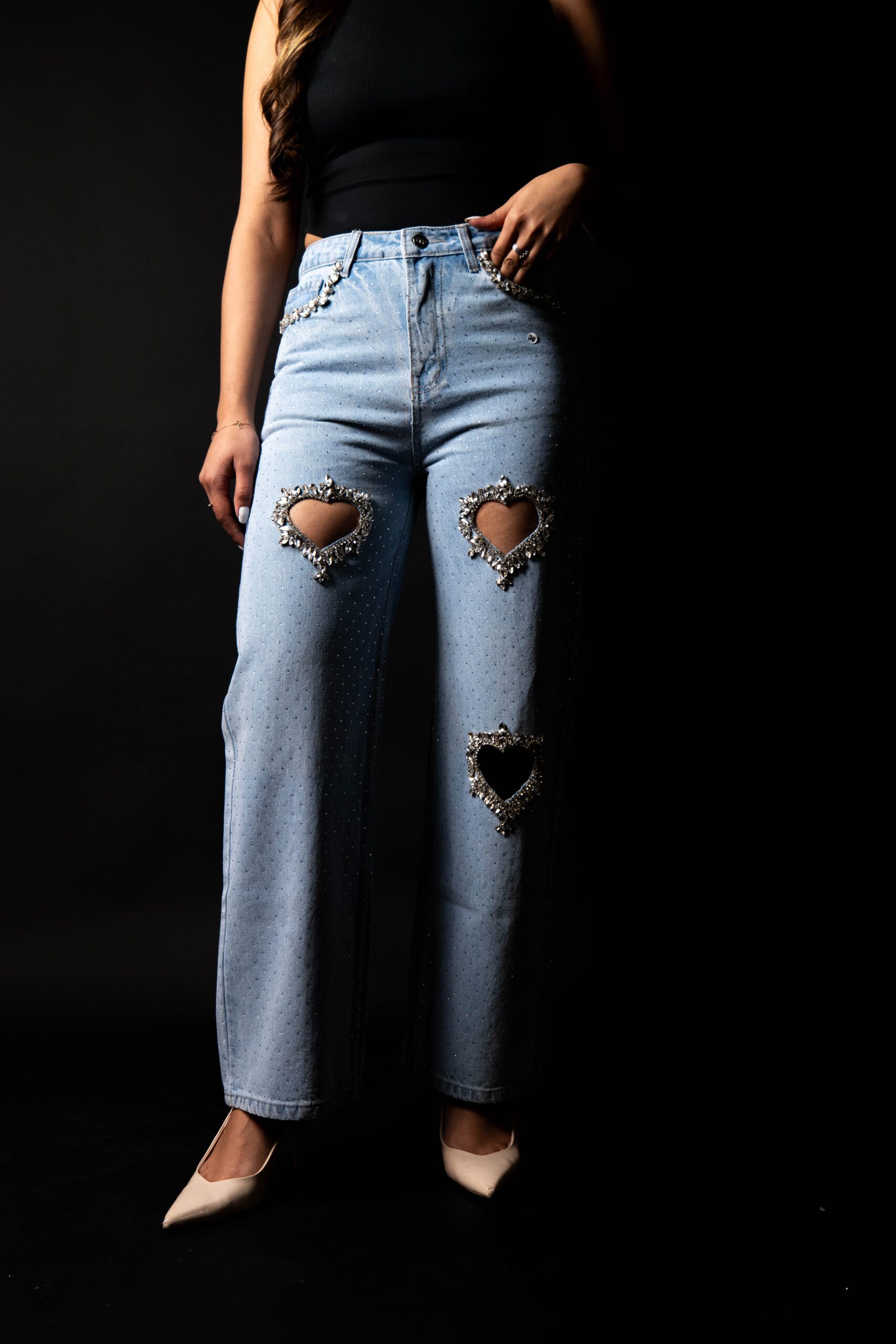 Cupid’s Charm - Rhinestone Embellished Cut Out Jeans - IceBlue - Image 4