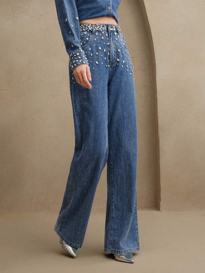 Midnight Dazzle Band - Rhinestone Embellished Wide Leg Jeans - Image 4
