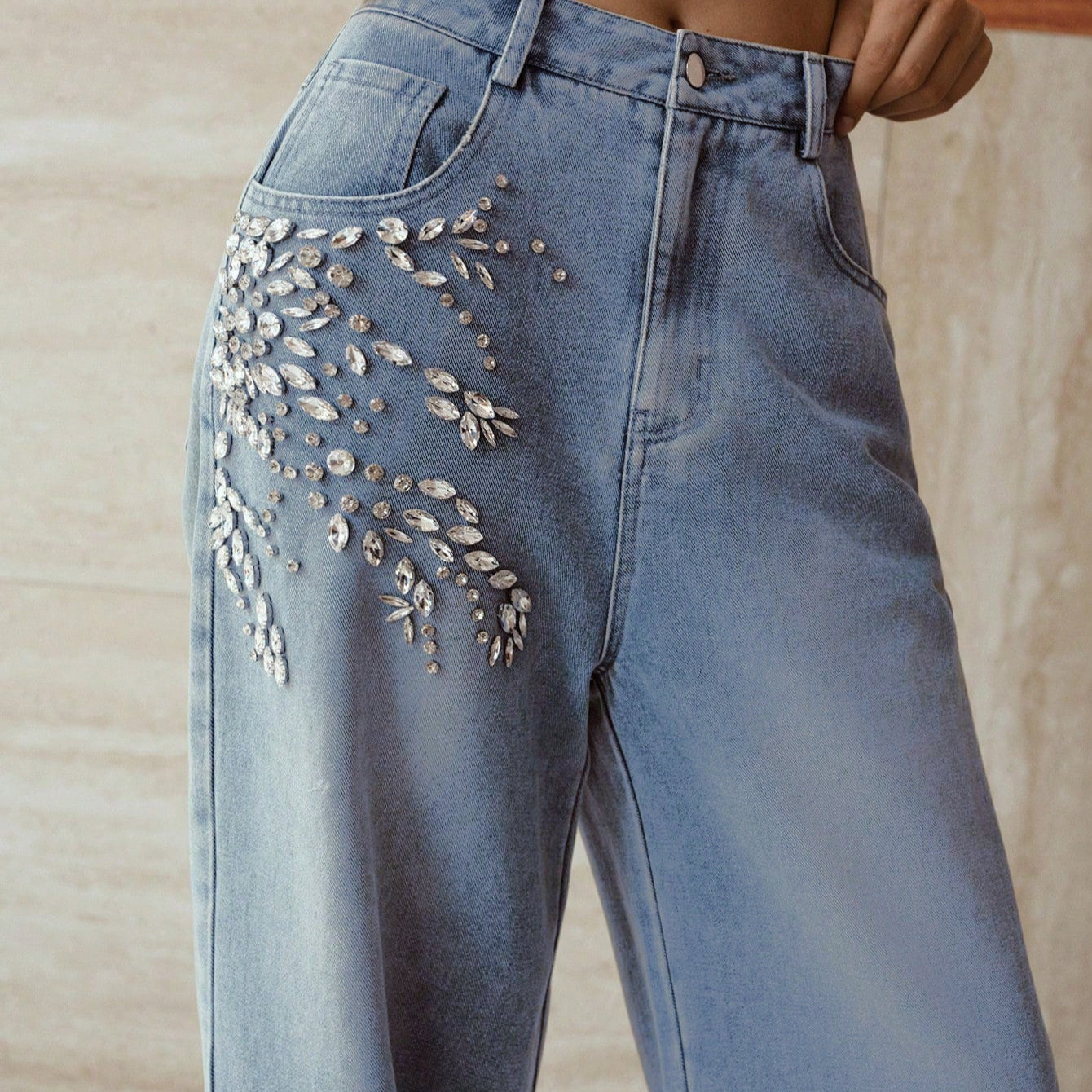 Crystal Vine - Rhinestone Embellished Wide Leg Jeans - Ice Blue - Image 4