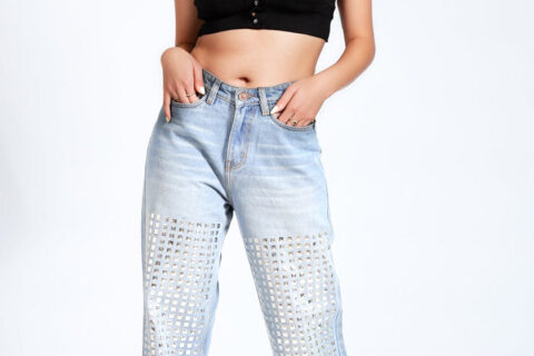 Studded Wide Leg Jeans - Ice Blue