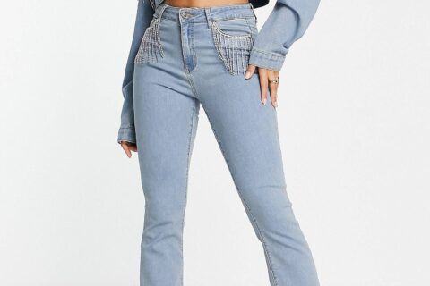 Rhinestone Fringe Boot Cut Flared Jeans Ice Blue