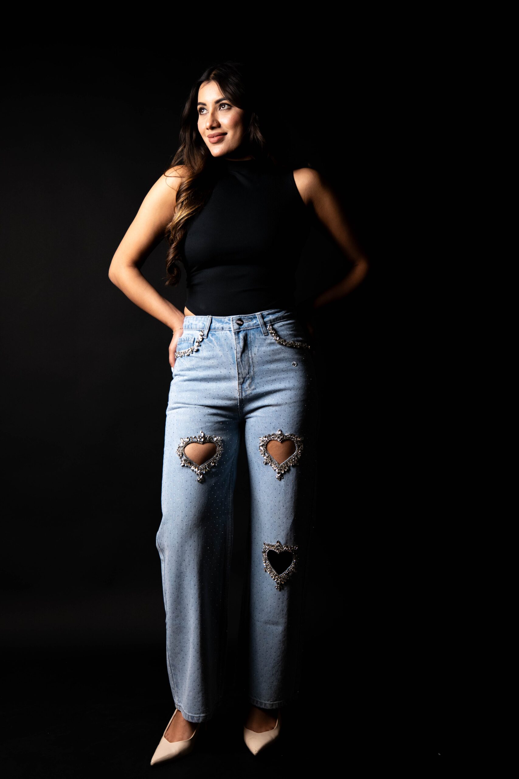 Cupid’s Charm - Rhinestone Embellished Cut Out Jeans - IceBlue - Image 3