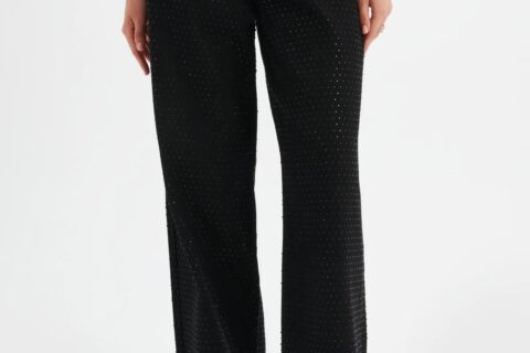 Black Diamante Denim High Rise Wide Leg Jeans
