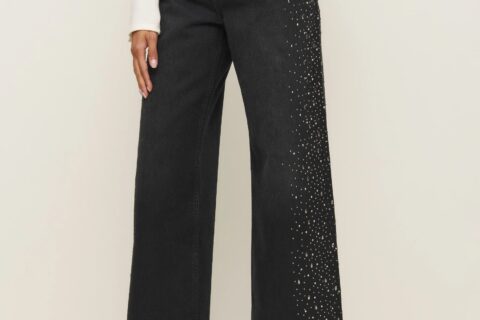 Celeste Noir - High Rise Rhinestone Embellished Wide Leg Flared Jeans