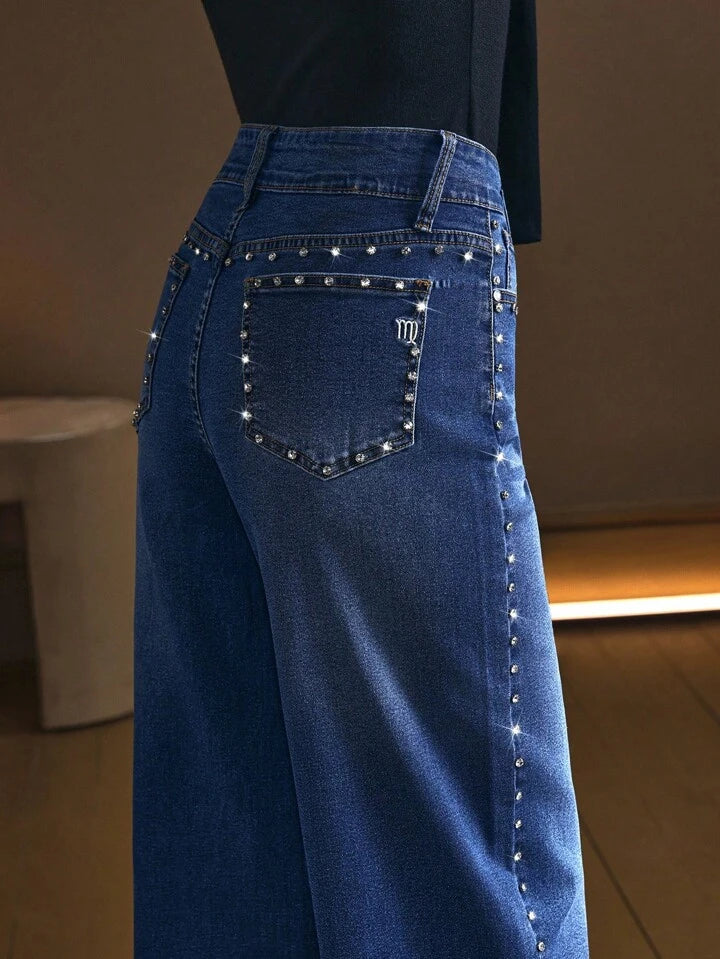 Starline - Rhinestone Embellished Wide Leg Jeans - Stone Blue - Image 3