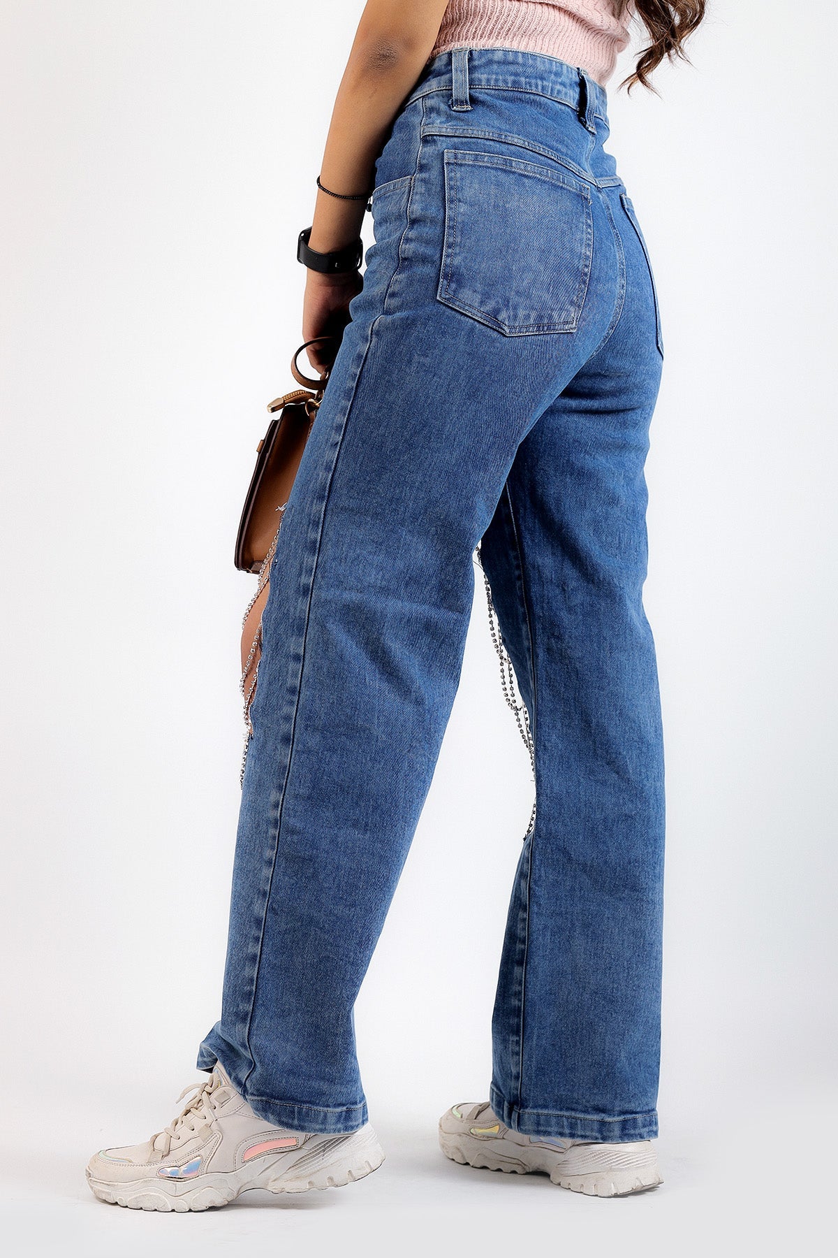 Cut Out Rhinestone Embellished Wide Leg Jeans - Image 3