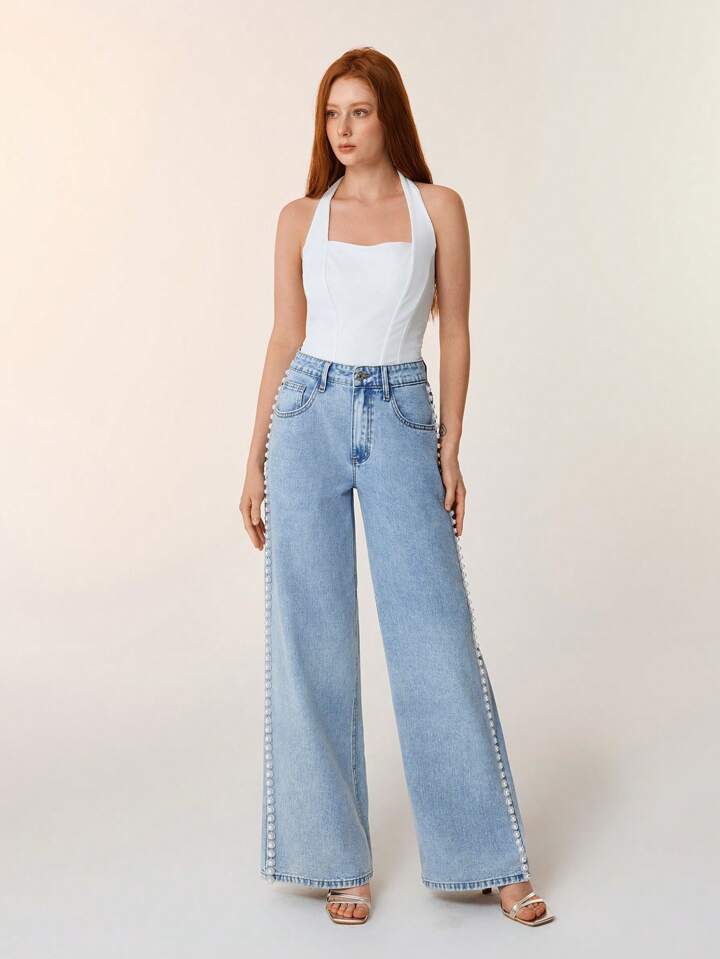 Ivory Bloom - Rhinestone Embellished Wide Leg Jeans - IceBlue - Image 8