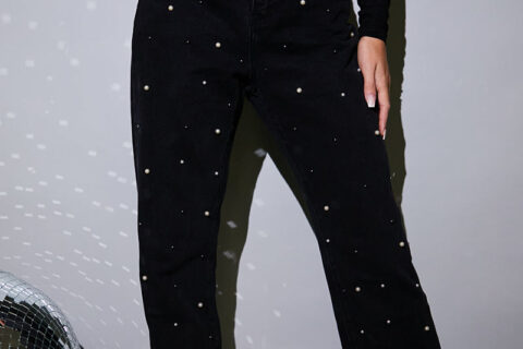 Rhinestone and Pearl Studded Wide Leg Jeans - Black