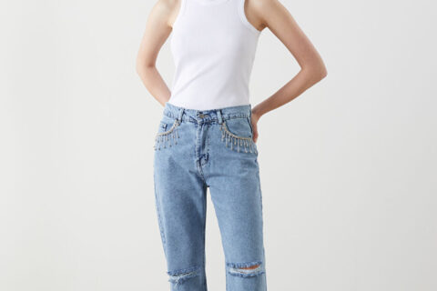 Frost Drop - Rhinestone Embellished Wide Leg Jeans - Ice Blue