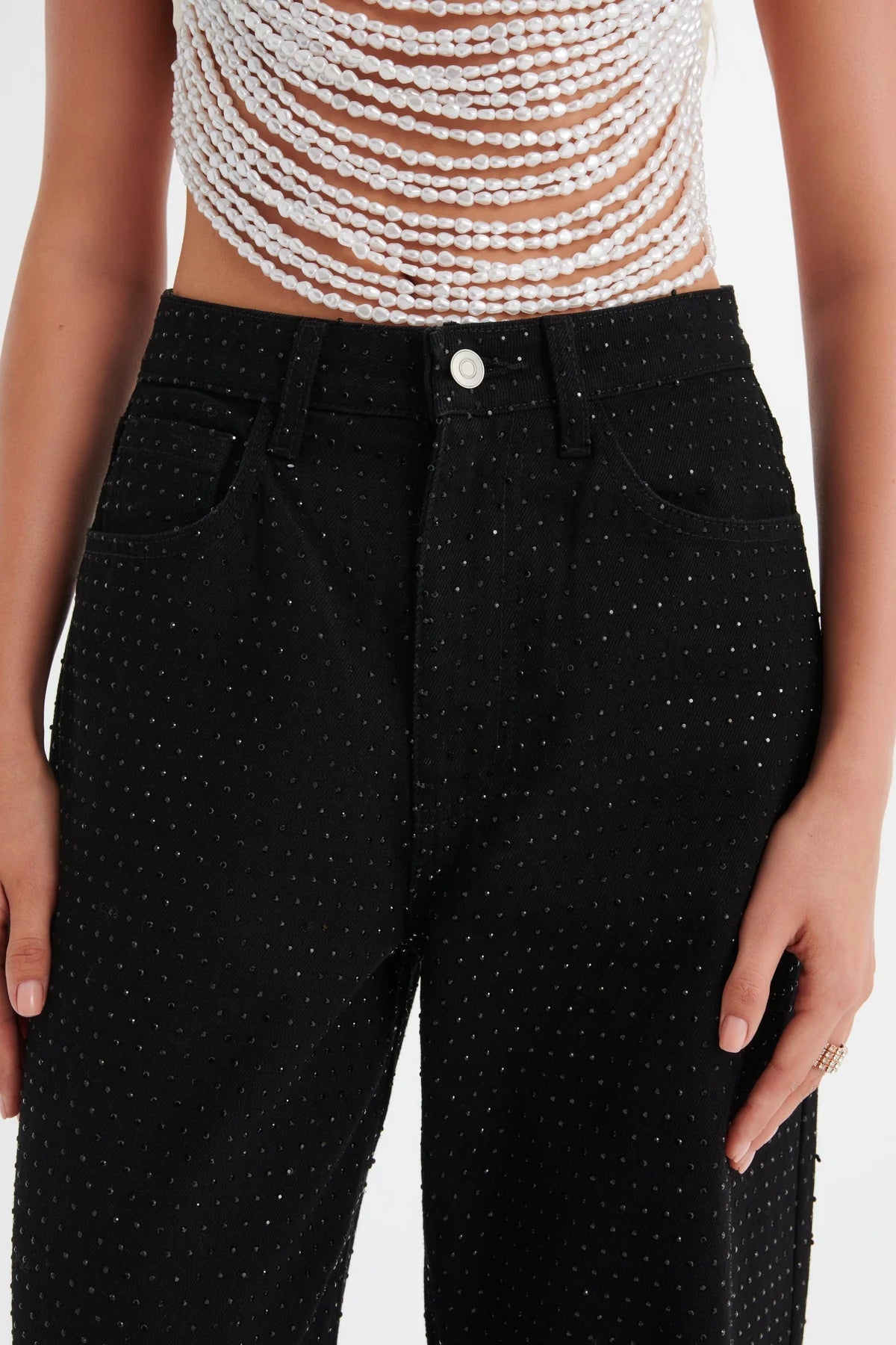 Black Diamante Denim High Rise Wide Leg Jeans - Image 3