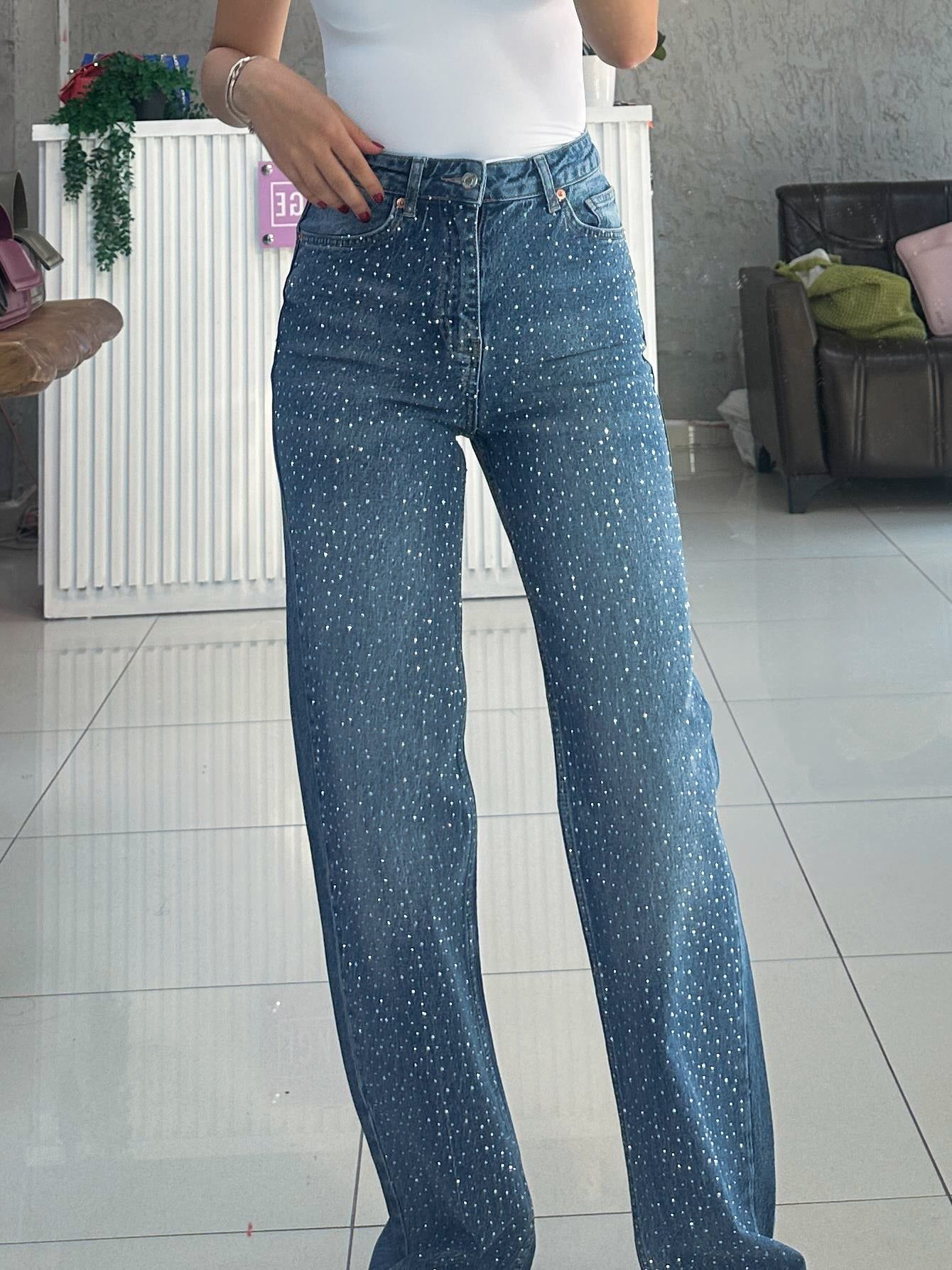 Midnight Blue Diamante Denim High Rise Wide Leg Jeans - Image 3