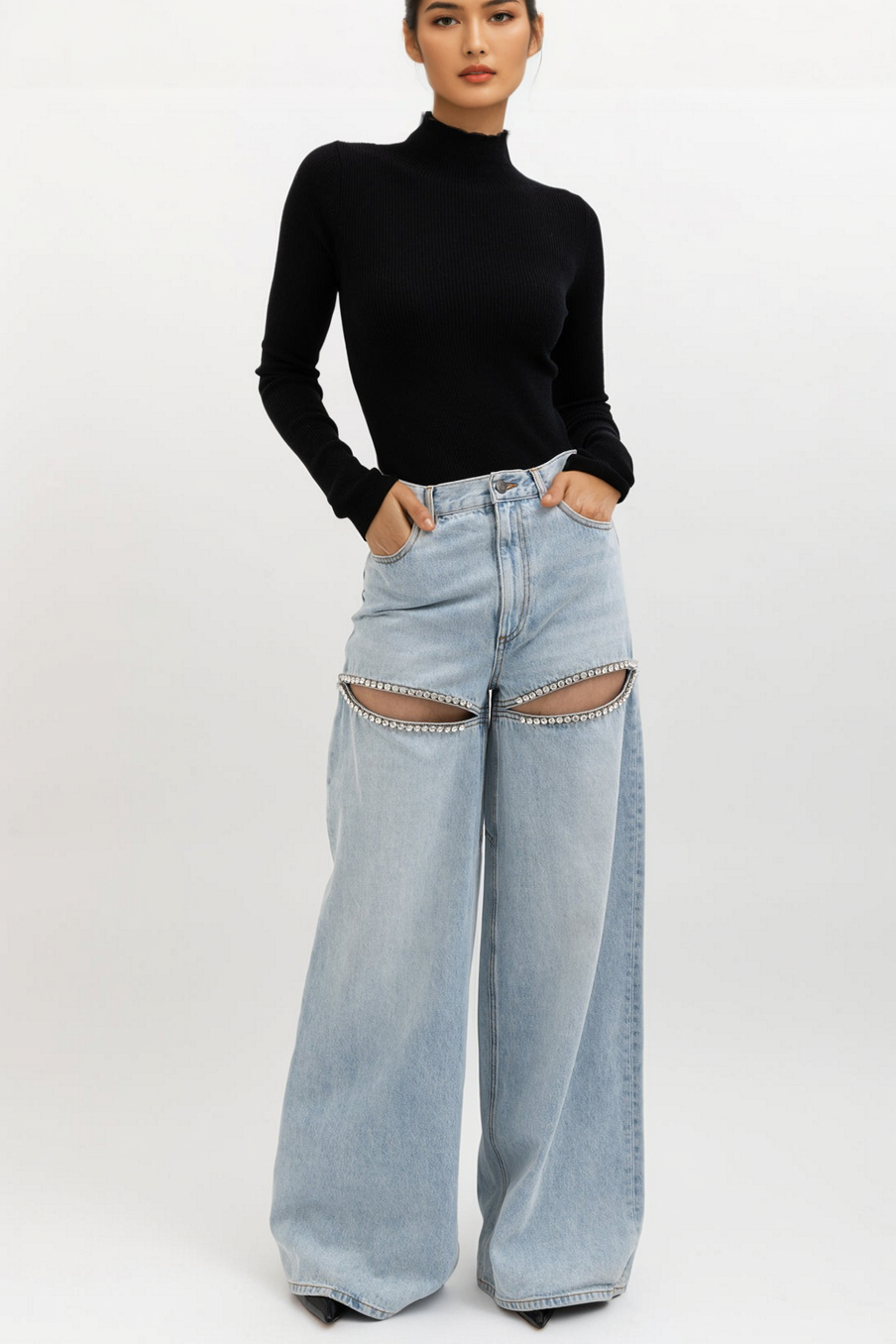 Embellished Wide Leg Cut Out Jeans - Taylor - Image 3