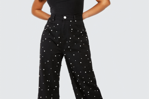 Limited Edition Pearl Embellished Wide Leg Jeans - Black