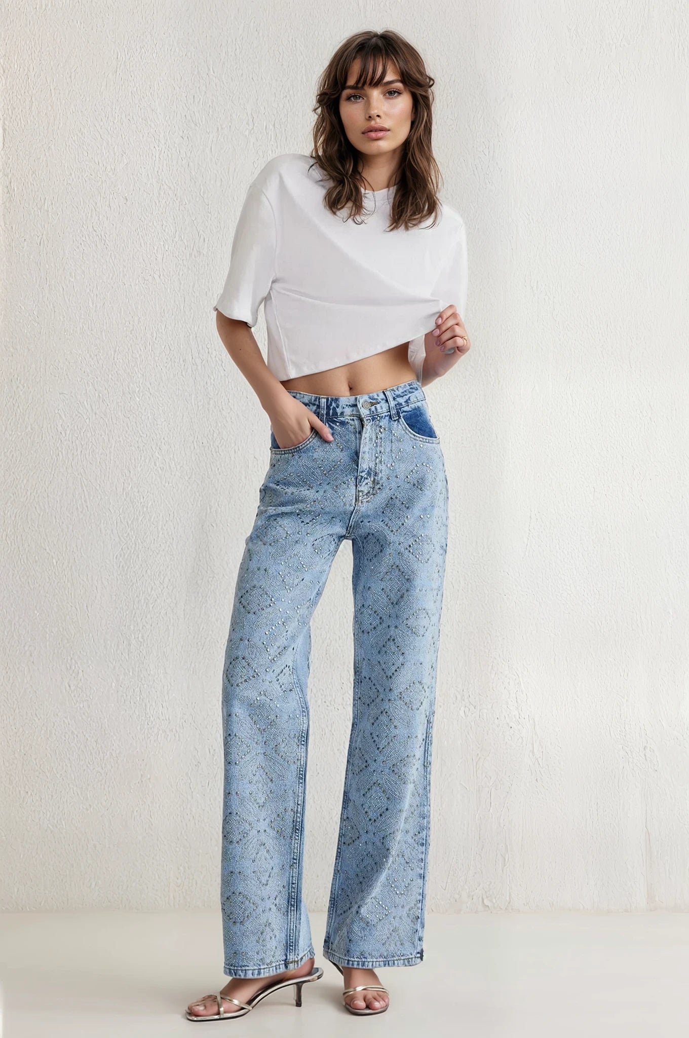 Mystic Weave - Rhinestone Embellished Wide Leg Jeans - Image 2