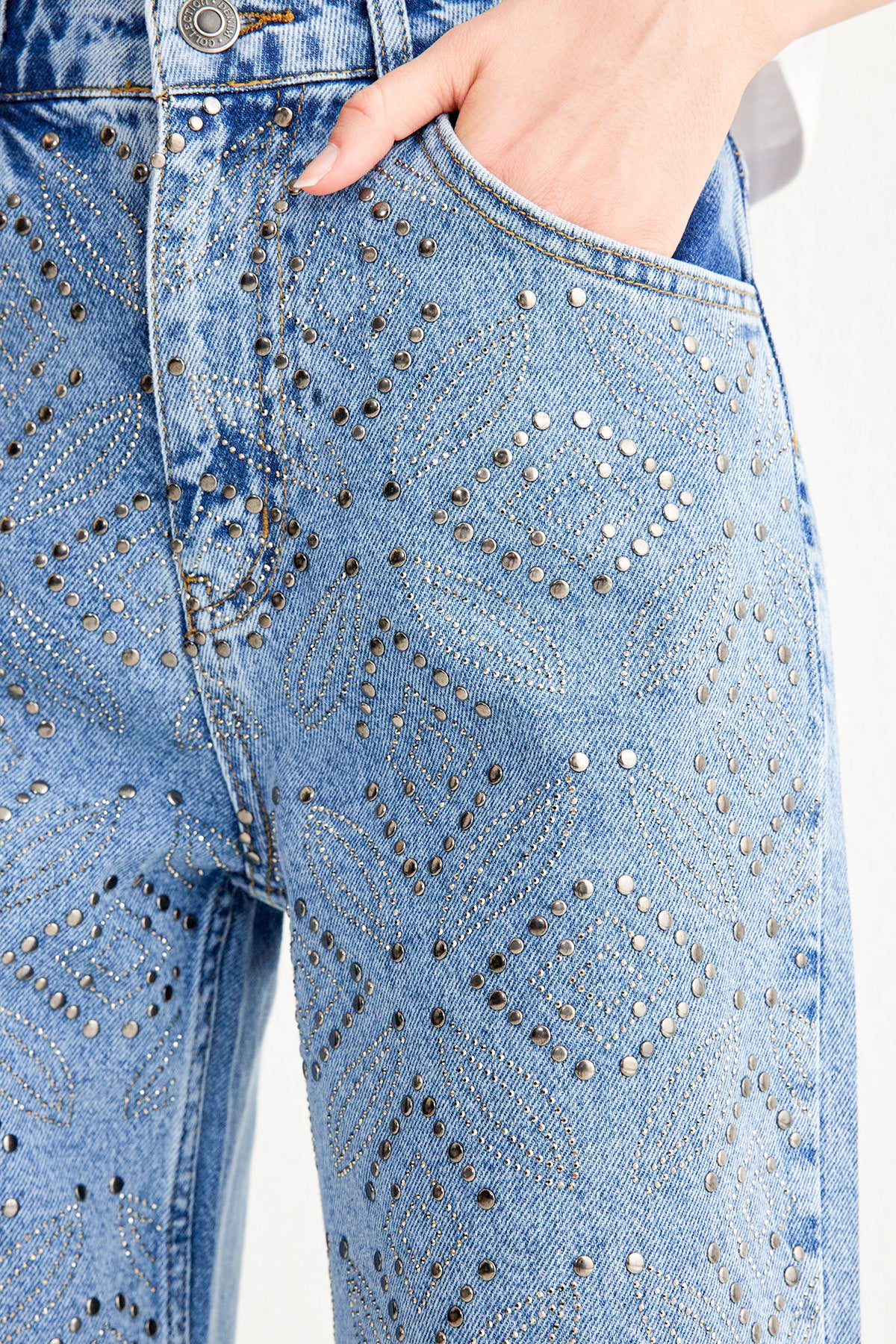 Mystic Weave - Rhinestone Embellished Wide Leg Jeans - Image 5