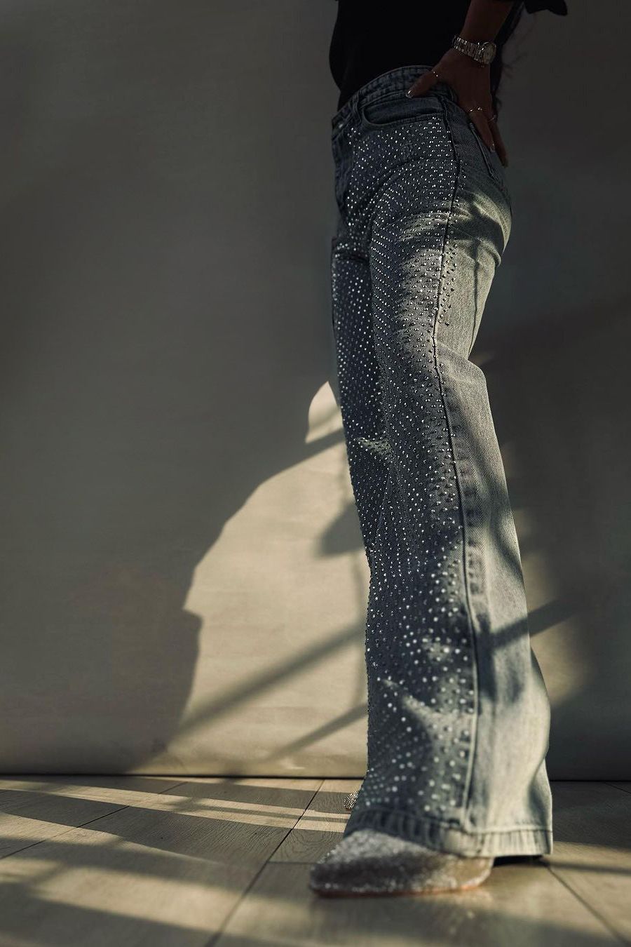 High Rise Rhinestone Embellished Boot Cut Flared Jeans - Anastasia - Image 5