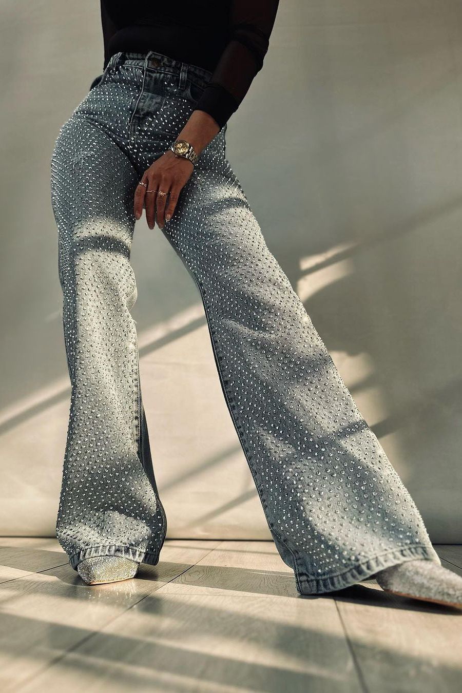 High Rise Rhinestone Embellished Boot Cut Flared Jeans - Anastasia - Image 3