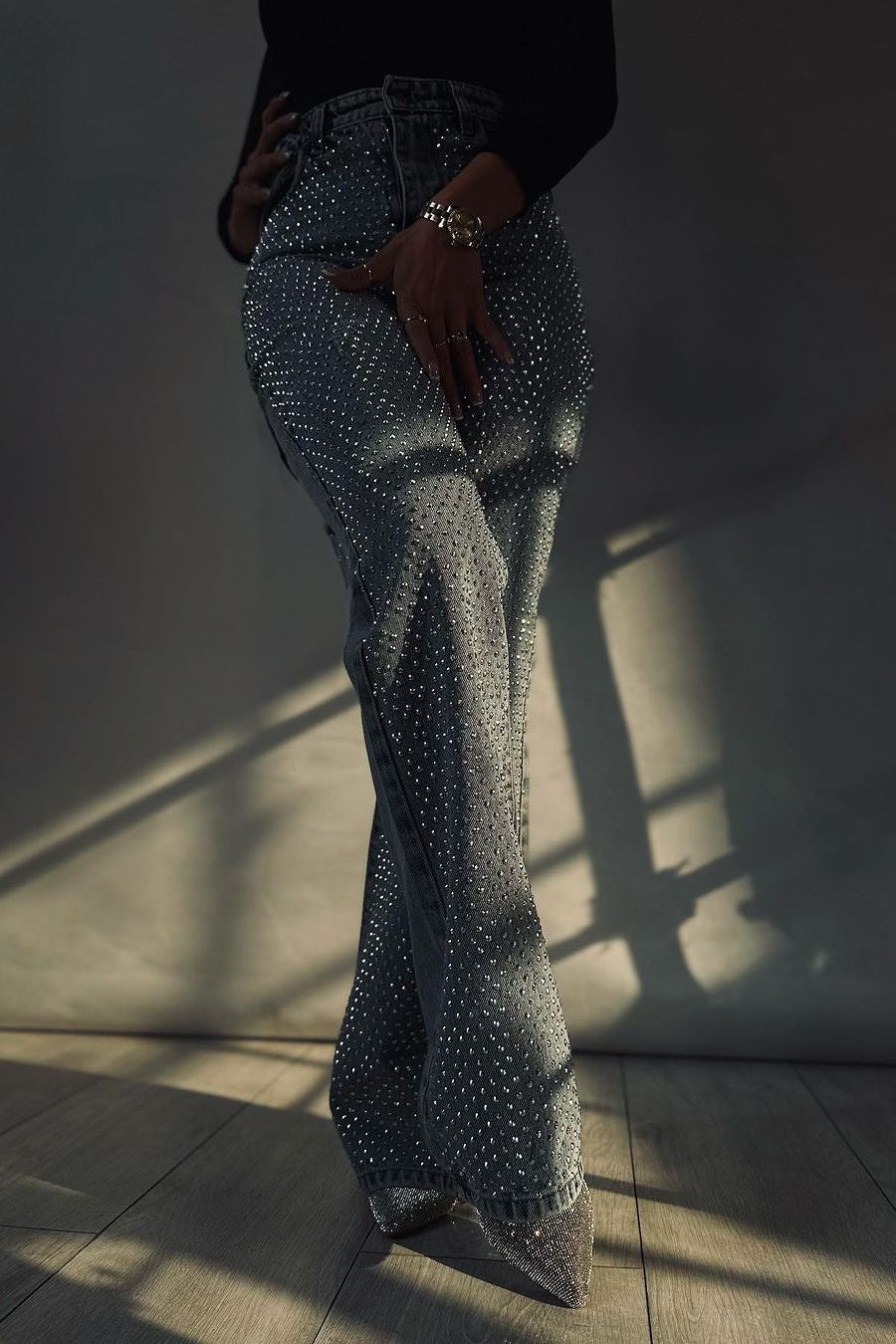 High Rise Rhinestone Embellished Boot Cut Flared Jeans - Anastasia - Image 6