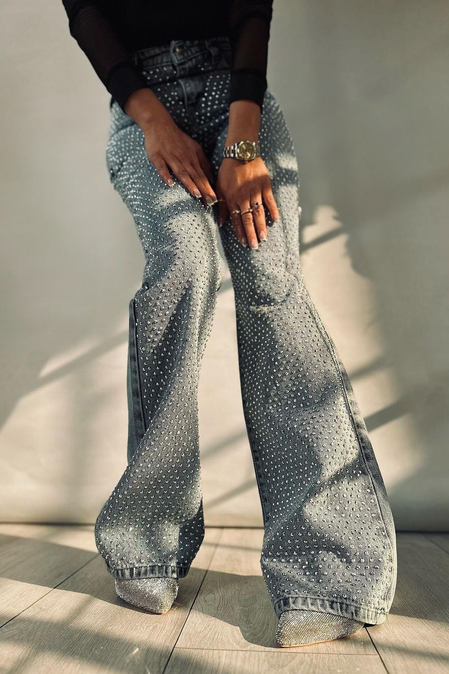 High Rise Rhinestone Embellished Boot Cut Flared Jeans - Anastasia - Image 2