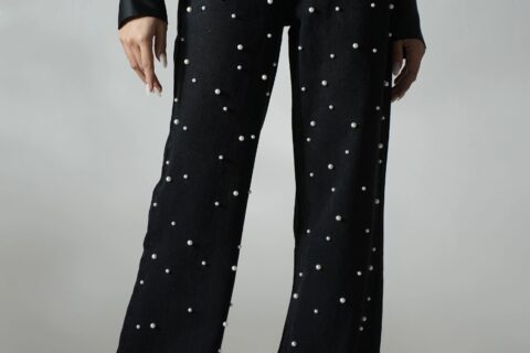 Pearl Studded Wide Leg Jeans - Black