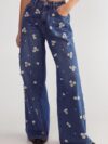 Flower Applique Rhinestone Embellished Wide Leg Jeans