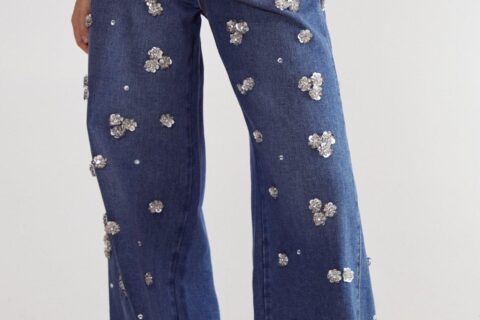 Flower Applique Rhinestone Embellished Wide Leg Jeans