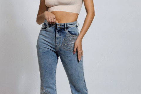 High Rise Embellished Boot Cut Flared Jeans - Fray Bottom