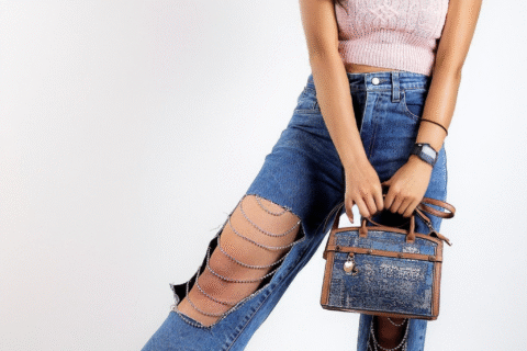 Cut Out Rhinestone Embellished Wide Leg Jeans