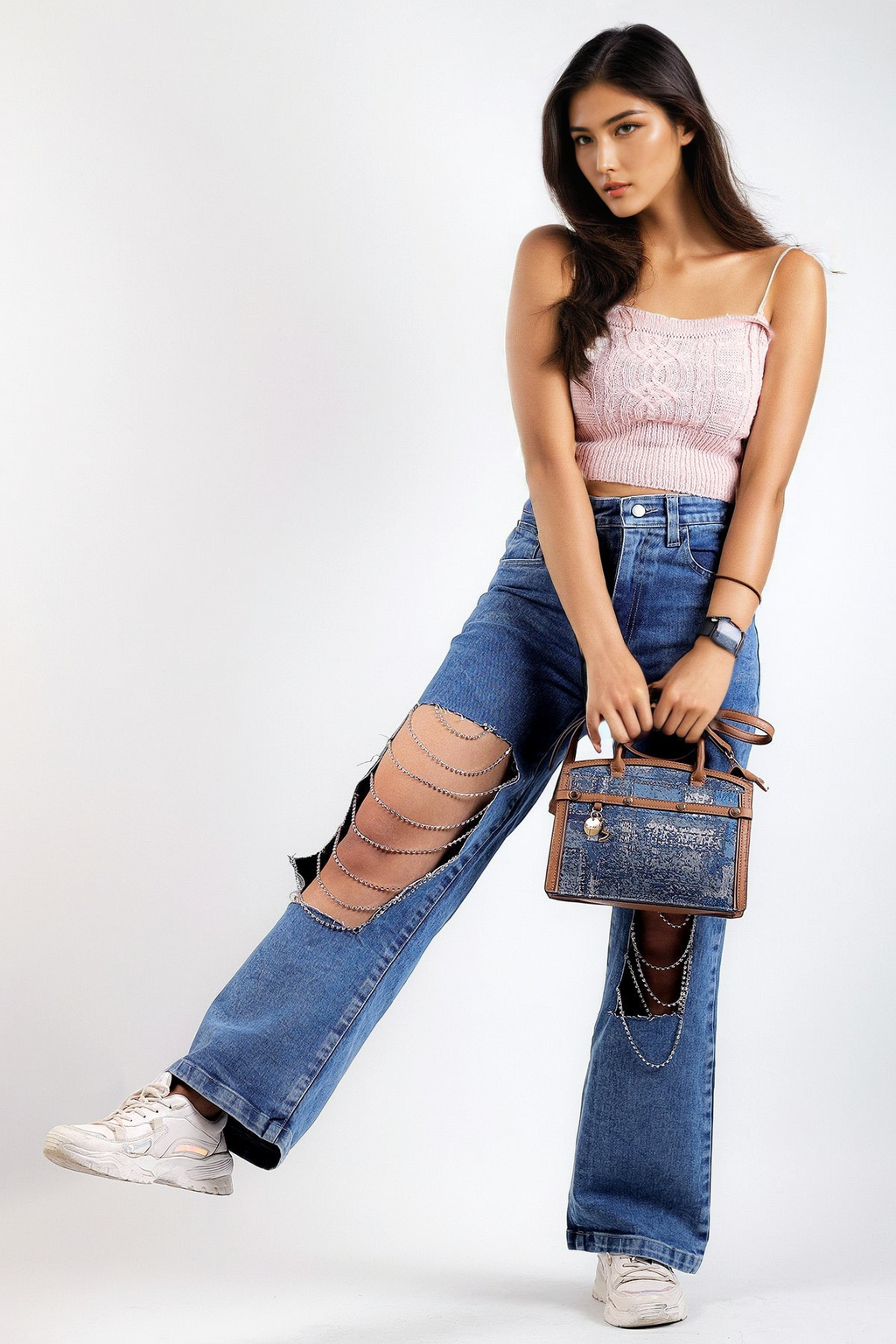 Cut Out Rhinestone Embellished Wide Leg Jeans