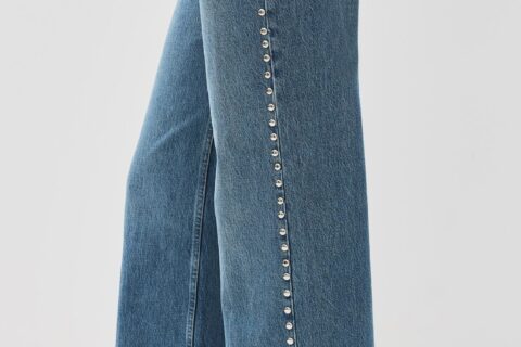 Electric Aura - Rhinestone Embellished Wide Leg Jeans - Dark Blue