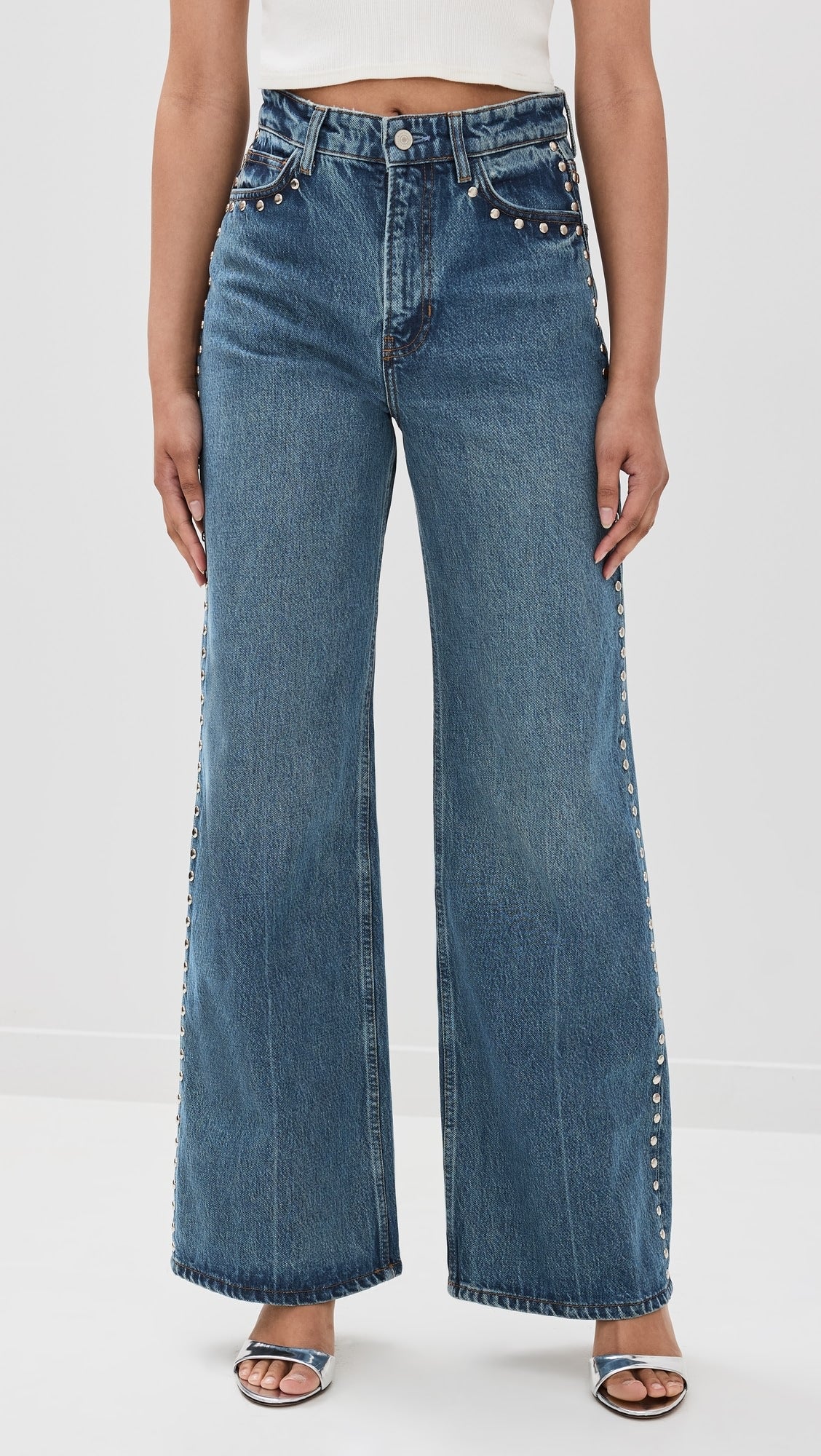 Electric Aura - Rhinestone Embellished Wide Leg Jeans - Dark Blue - Image 3