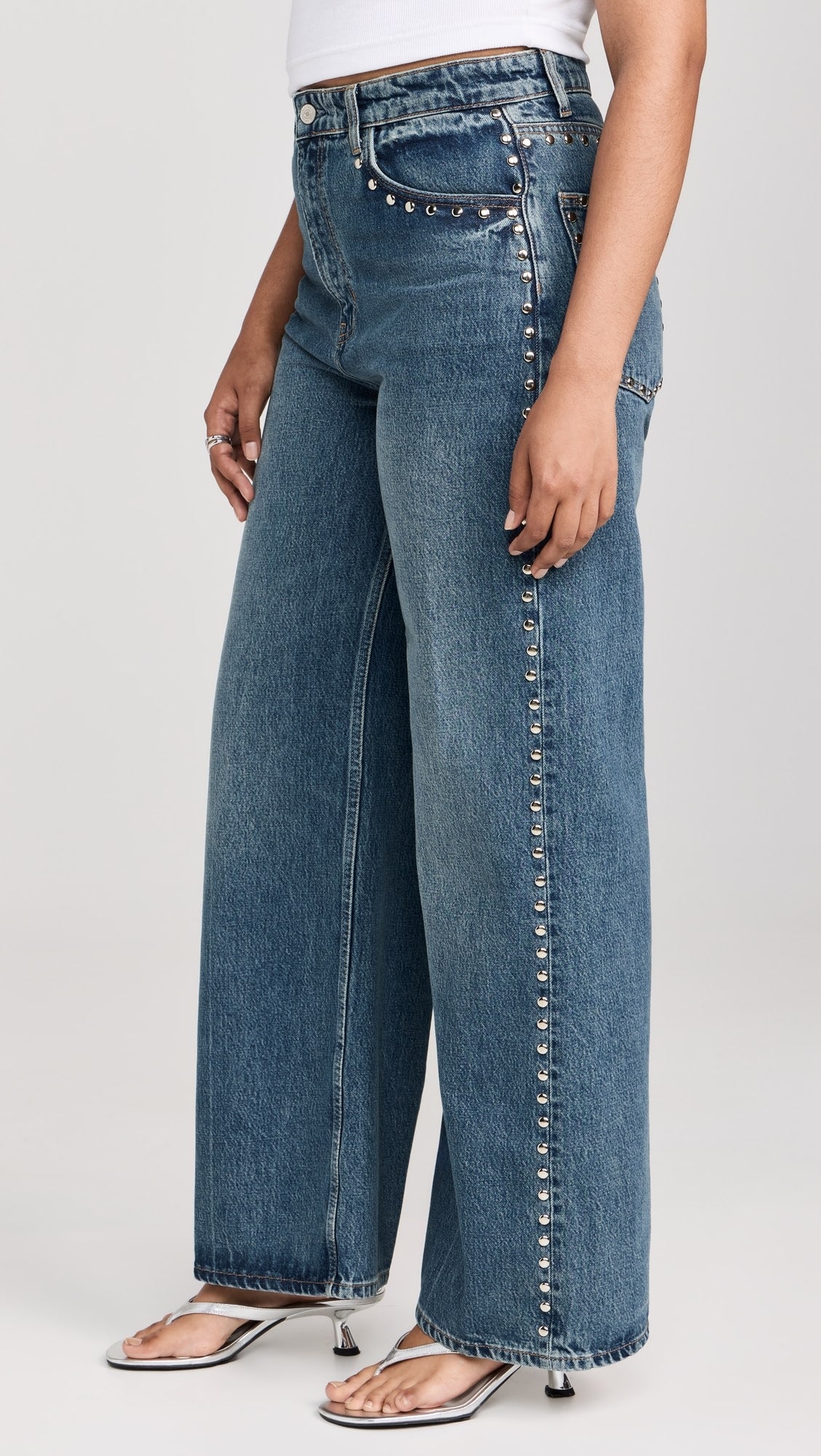 Electric Aura - Rhinestone Embellished Wide Leg Jeans - Dark Blue - Image 7