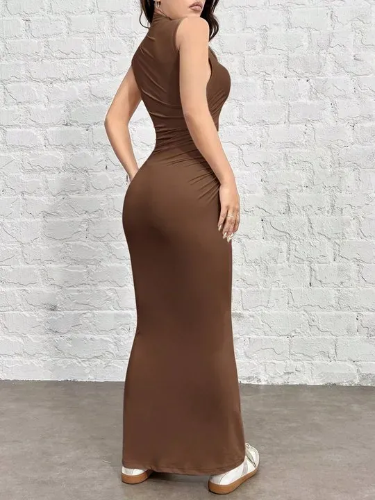 Gathered Mock Neck Bodycon Midi Dress - Image 3