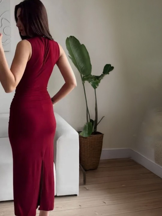Gathered Mock Neck Bodycon Midi Dress - Image 11