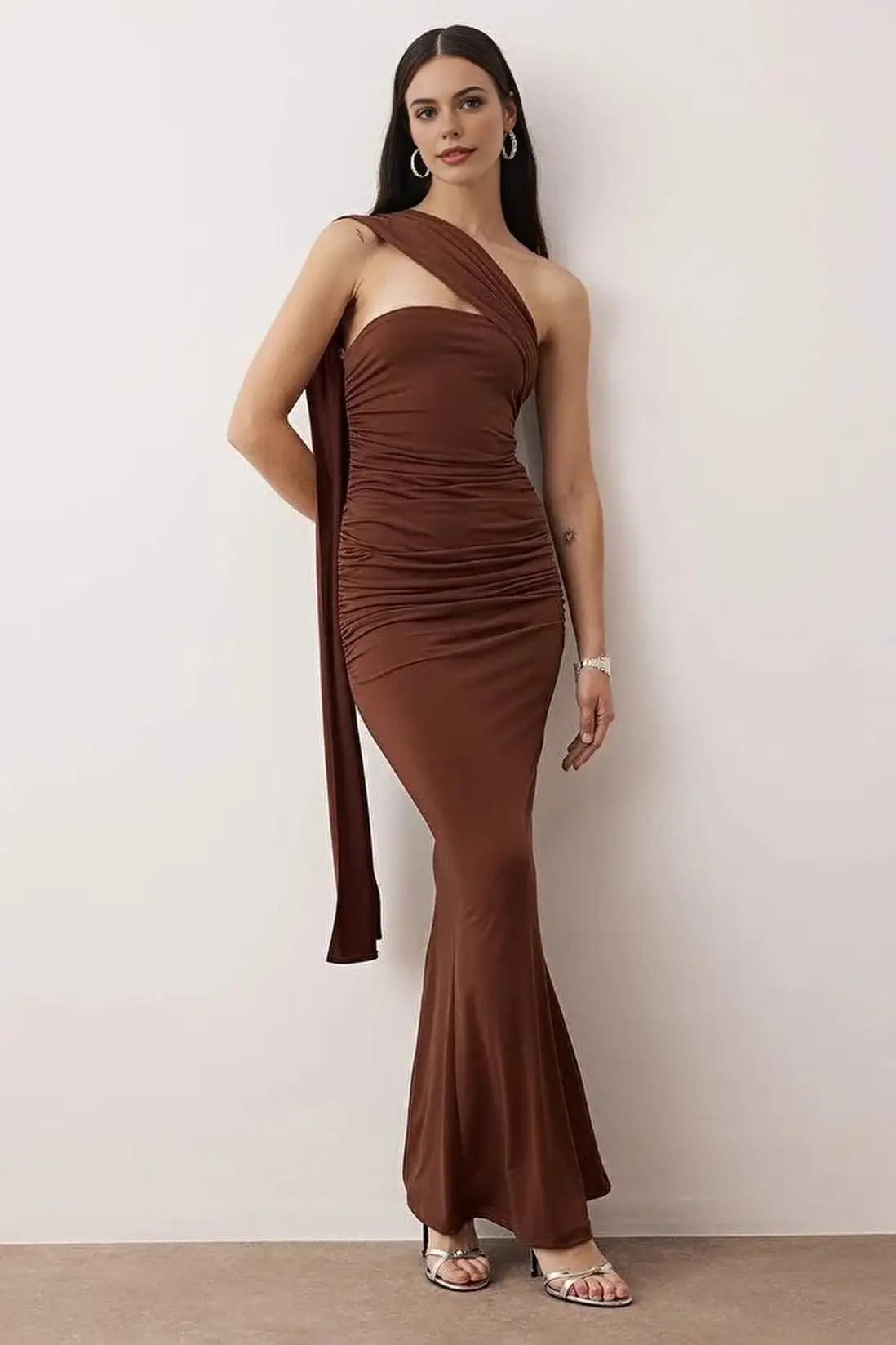 Brown One Shoulder Draped Knit Maxi Evening Dress - Image 3