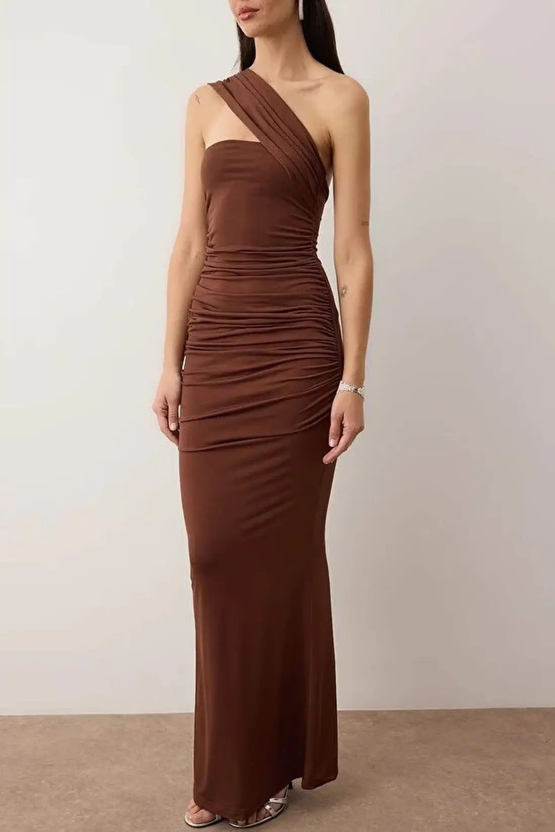 Brown One Shoulder Draped Knit Maxi Evening Dress - Image 4