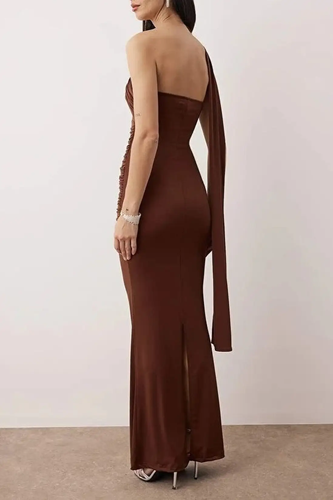 Brown One Shoulder Draped Knit Maxi Evening Dress - Image 5