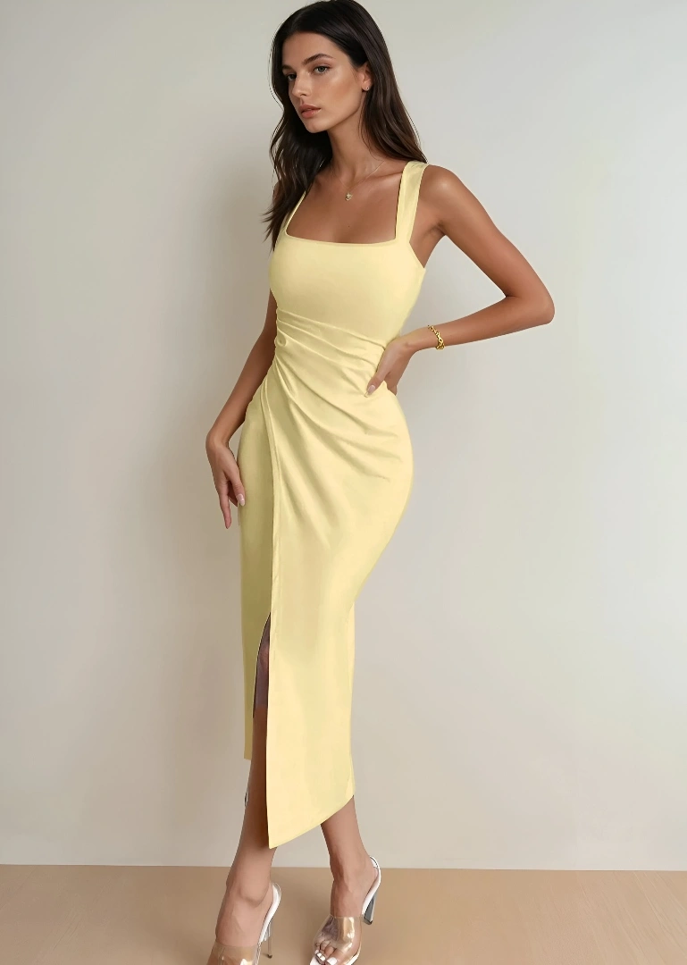 Pastel Yellow Bodycon Midi Dress - Image 4