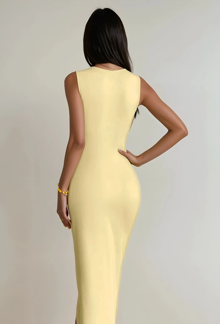 Pastel Yellow Bodycon Midi Dress - Image 2