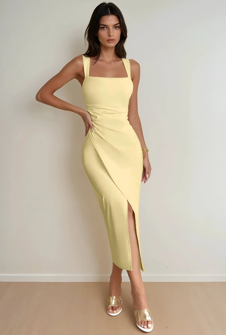 Pastel Yellow Bodycon Midi Dress - Image 3
