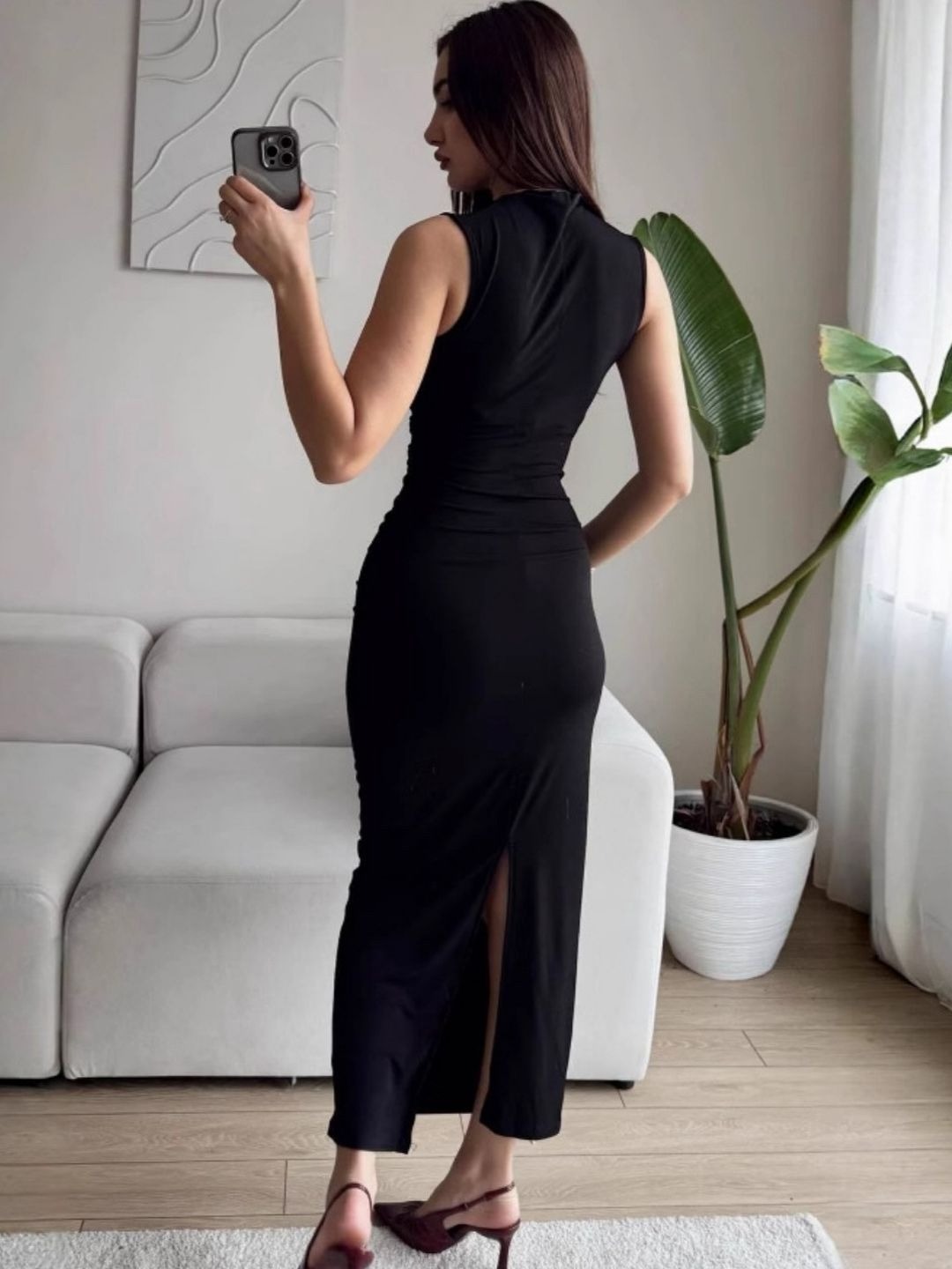 Gathered Mock Neck Bodycon Midi Dress - Image 14